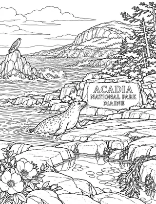 Detailed colouring page of Acadia Granite Coast Maine featuring Acadia National Park — Maine sign