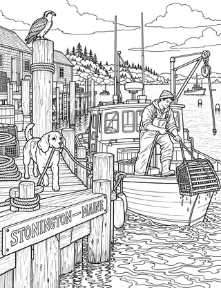 Detailed colouring page of Stonington Working Waterfront Maine featuring Stonington — Maine sign