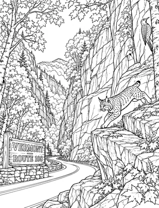 Detailed colouring page of Smugglers Notch Vermont featuring Vermont — Route 108 sign