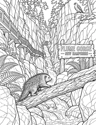 Detailed colouring page of Flume Gorge New Hampshire featuring Flume Gorge — New Hampshire sign