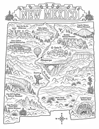 Illustrated travel map of New Mexico landmarks and attractions