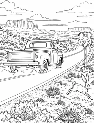 Detailed coloring page of Historic US Route 66 desert drive featuring Us 66 sign