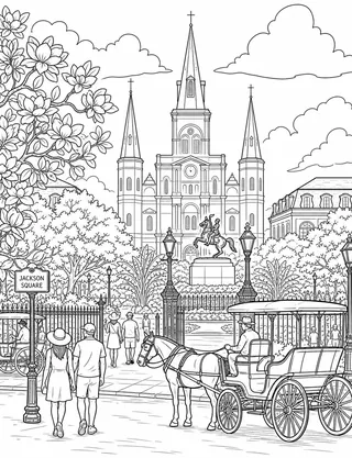 Detailed coloring page of Street-level featuring Jackson Square sign