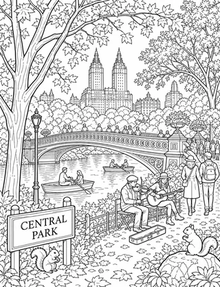 Detailed coloring page of Central Park Bow Bridge featuring Central Park sign