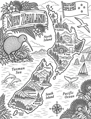 Illustrated travel map of New Zealand landmarks and attractions