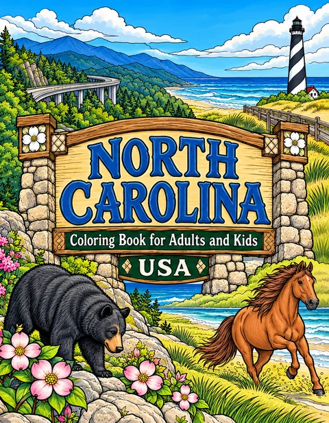 North Carolina Coloring Book for Adults cover illustration by Louisa May Carson