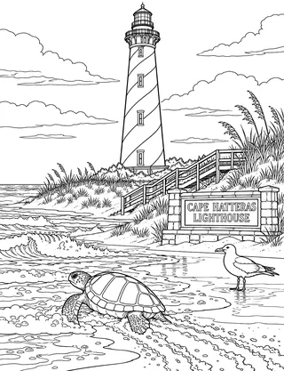 Detailed coloring page of Cape Hatteras Lighthouse and Barrier Dunes