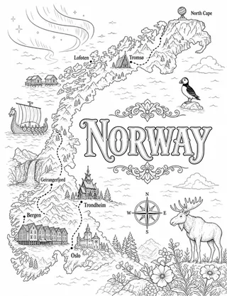 Illustrated travel map of Norway landmarks and attractions