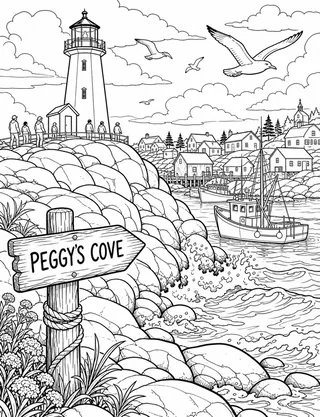 Detailed colouring page of Peggy’s Cove Lighthouse and Granite Shore featuring Peggy’S Cove sign