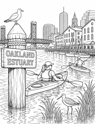 Detailed coloring page of Oakland Estuary kayaking with skyline featuring Oakland Estuary sign