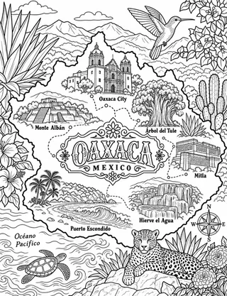 Illustrated travel map of Oaxaca landmarks and attractions