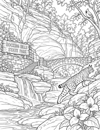 Detailed coloring page of Hocking Hills Old Man's Cave Gorge