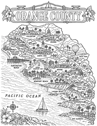 Illustrated travel map of Orange County landmarks and attractions