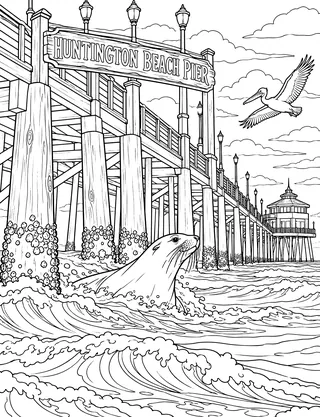 Detailed coloring page of Huntington Beach Pier