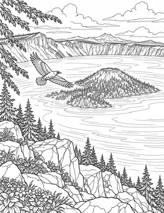 Detailed coloring page of Crater Lake and Wizard Island