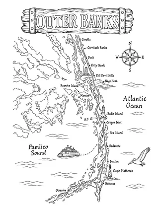 Illustrated travel map of Outer Banks landmarks and attractions