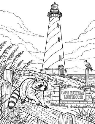 Detailed coloring page of Cape Hatteras Lighthouse featuring Cape Hatteras Lighthouse sign
