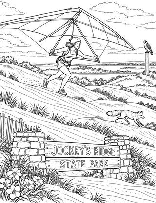 Detailed coloring page of Jockey's Ridge State Park featuring Jockey's Ridge State Park sign