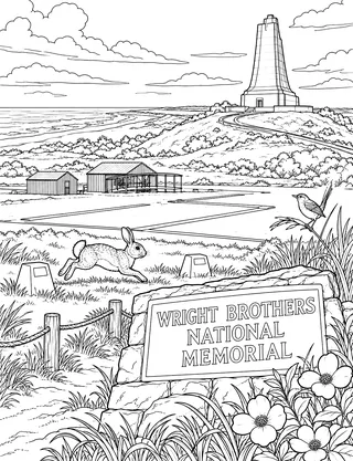 Detailed coloring page of Wright Brothers National Memorial featuring Wright Brothers National Memorial sign
