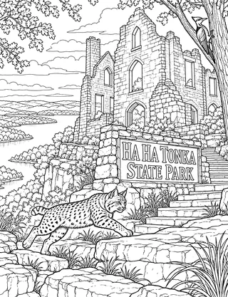 Detailed coloring page of Ha Ha Tonka Castle Ruins and Karst Bluff