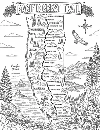 Illustrated travel map of Pacific Crest Trail landmarks and attractions