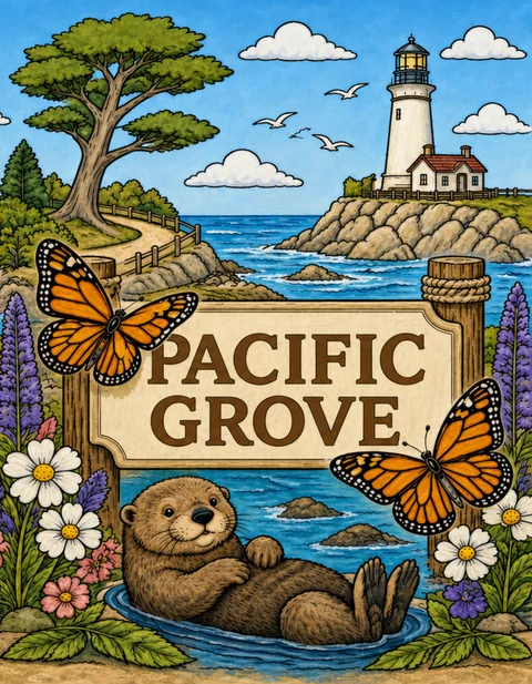 Pacific Grove Coloring Book for Adults cover illustration by Louisa May Carson