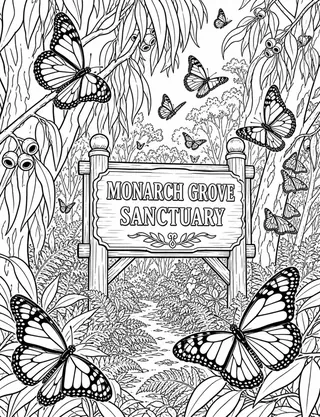 Detailed coloring page of Pacific_Grove_03 featuring Monarch Grove Sanctuary sign