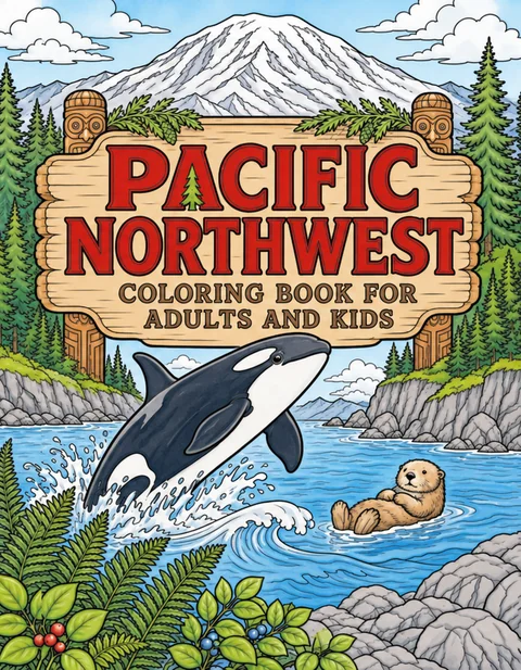 Pacific Northwest Coloring Book for Adults cover illustration by Louisa May Carson