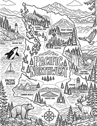 Illustrated travel map of Pacific Northwest landmarks and attractions