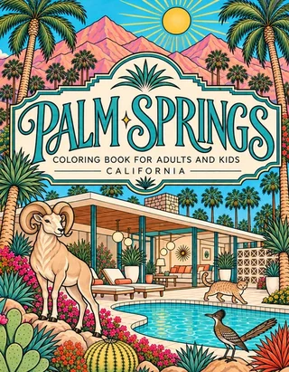 Palm Springs Coloring Book for Adults cover illustration by Louisa May Carson