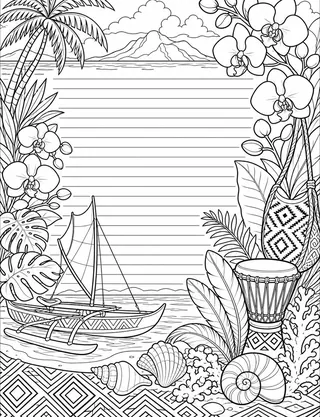 Detailed coloring page of Port Moresby harbor and Ela Beach panorama featuring Port Moresby sign