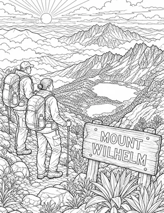 Detailed coloring page of Raggiana bird-of-paradise display in high rainforest canopy featuring Mount Wilhelm sign