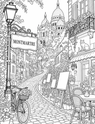 Detailed coloring page of Historic Winding Cobblestone Streets of Montmartre Leading Up to Sacré-Cœur Basilica