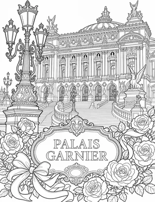 Detailed coloring page of Tree-Lined Promenades and Historic Stone Bridges Along the River Seine
