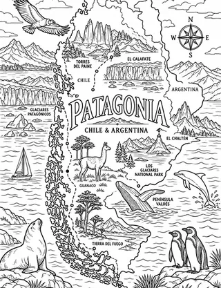 Illustrated travel map of Patagonia landmarks and attractions