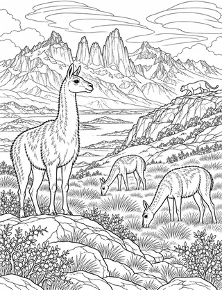 Detailed coloring page of Torres del Paine Guanacos & Steppe Wildlife