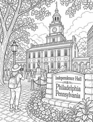 Detailed coloring page of Independence Hall in Philadelphia featuring Independence Hall Philadelphia Pennsylvania sign
