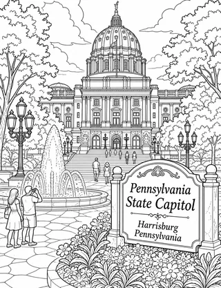 Detailed coloring page of Pennsylvania State Capitol Building featuring Pennsylvania State Capitol Harrisburg Pennsylvania sign