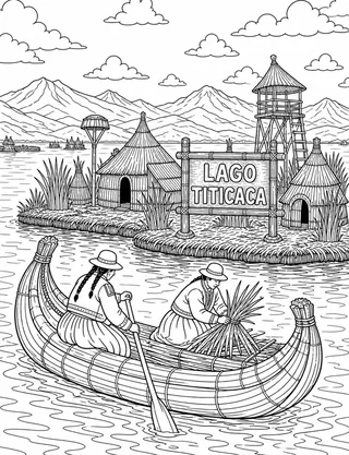 Detailed coloring page of Uros reed islands and traditional boats on Lake Titicaca featuring Lago Titicaca sign