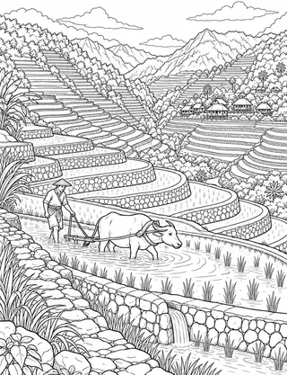 Detailed coloring page of Batad Rice Terraces