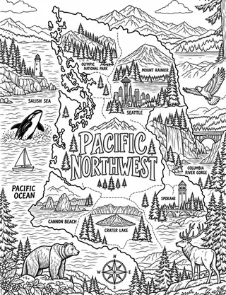 Illustrated travel map of PNW landmarks and attractions