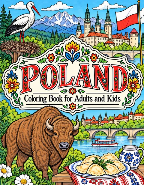Poland Coloring Book for Adults cover illustration by Louisa May Carson