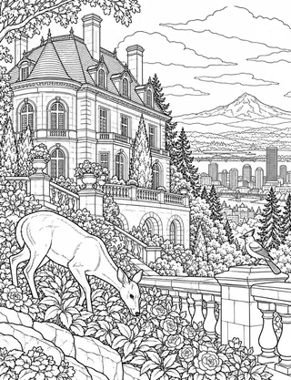 Detailed coloring page of Pittock Mansion Skyline View
