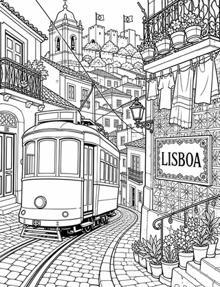 Detailed coloring page of Lisbon Alfama Tram featuring Lisboa sign