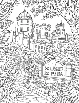 Detailed coloring page of Pena Palace in Sintra featuring Palácio Da Pena sign