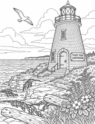 Detailed colouring page of Point Prim Historic Lighthouse and Headland featuring Point Prim Lighthouse sign
