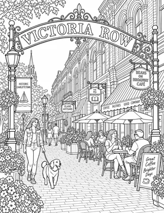 Detailed colouring page of Victoria Row Historic Streetscape featuring Victoria Row sign