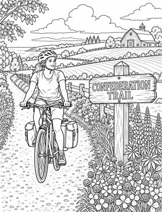 Detailed colouring page of Cycling the Confederation Trail featuring Confederation Trail sign