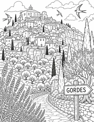 Gordes Provence coloring page with detailed line art