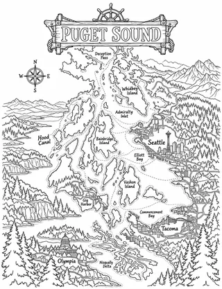 Illustrated travel map of Puget Sound landmarks and attractions